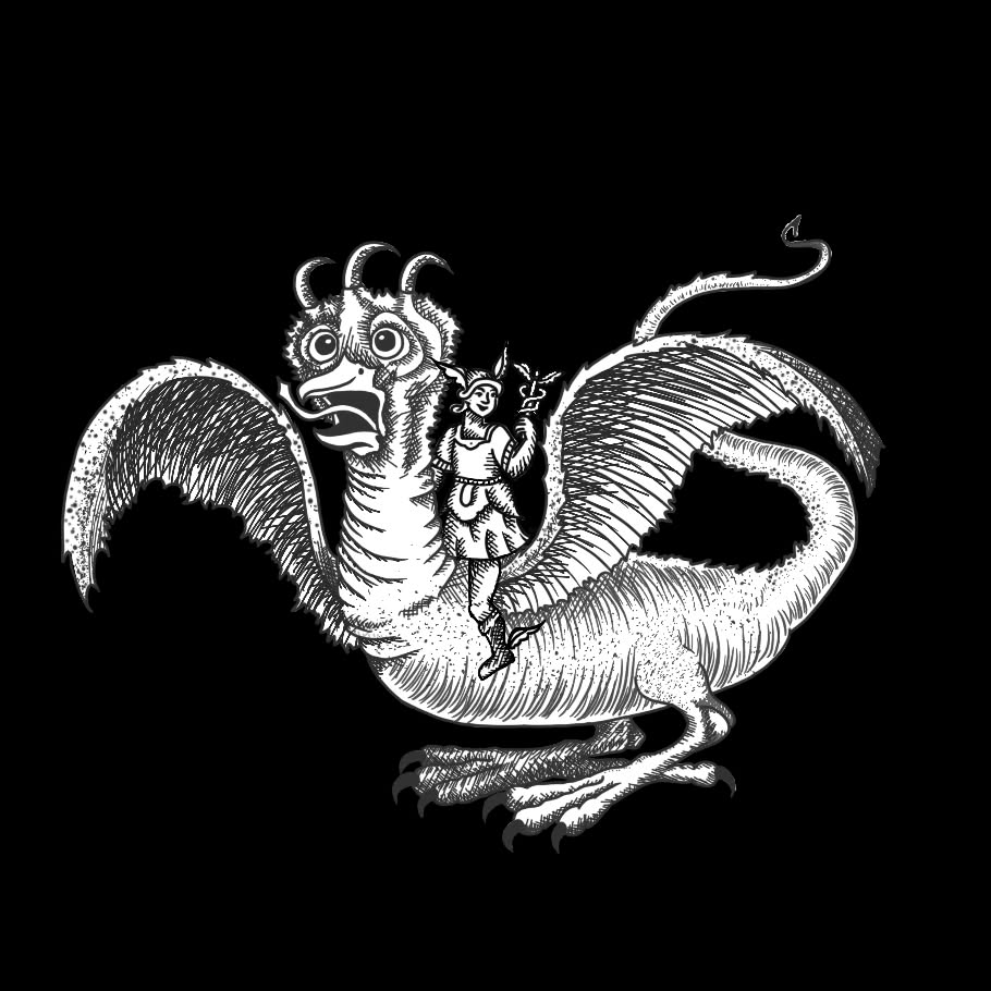 A curious woodcut dragon carrying a rider